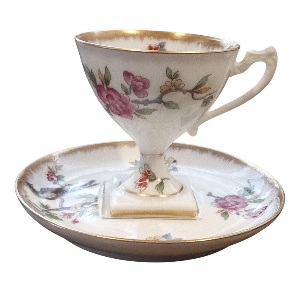 AJCO Limoges France Demitasse Cup Saucer Pheasant Bird Gold Rim Square Pedestal